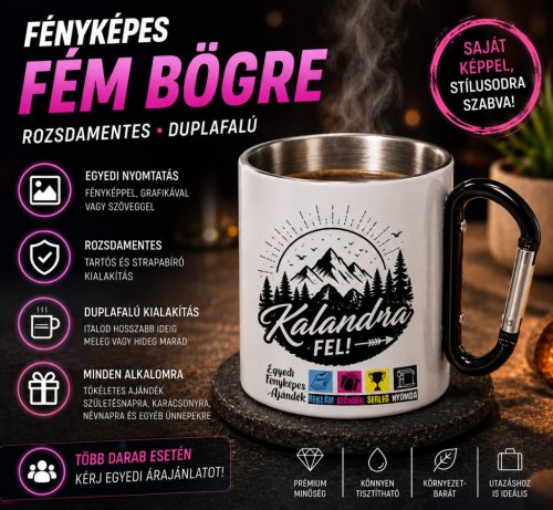 Egyedi fényképes karabineres fém bögre nyomtatás - rozsdamentes, duplafalú, saját képpel