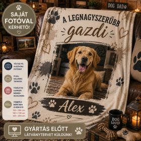   Egyedi fényképes kutyás pléd – Saját fotóval és kutyanévvel