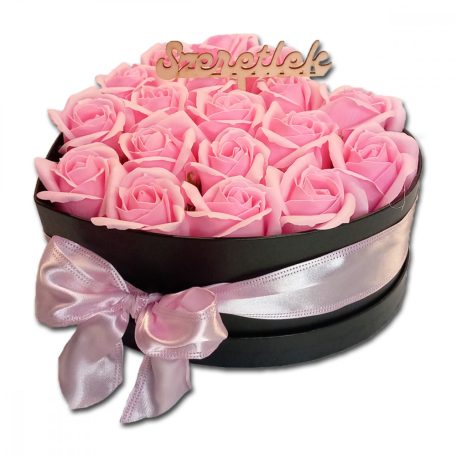 Szappanrózsa szívbox, fekete rózsadoboz - rózsaszín - M, Szappanrózsa szívbox, fekete rózsadoboz - rózsaszín - M