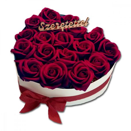 Szappanrózsa szívbox, fehér rózsadoboz - vörös- L, Szappanrózsa szívbox, fehér rózsadoboz - vörös- L